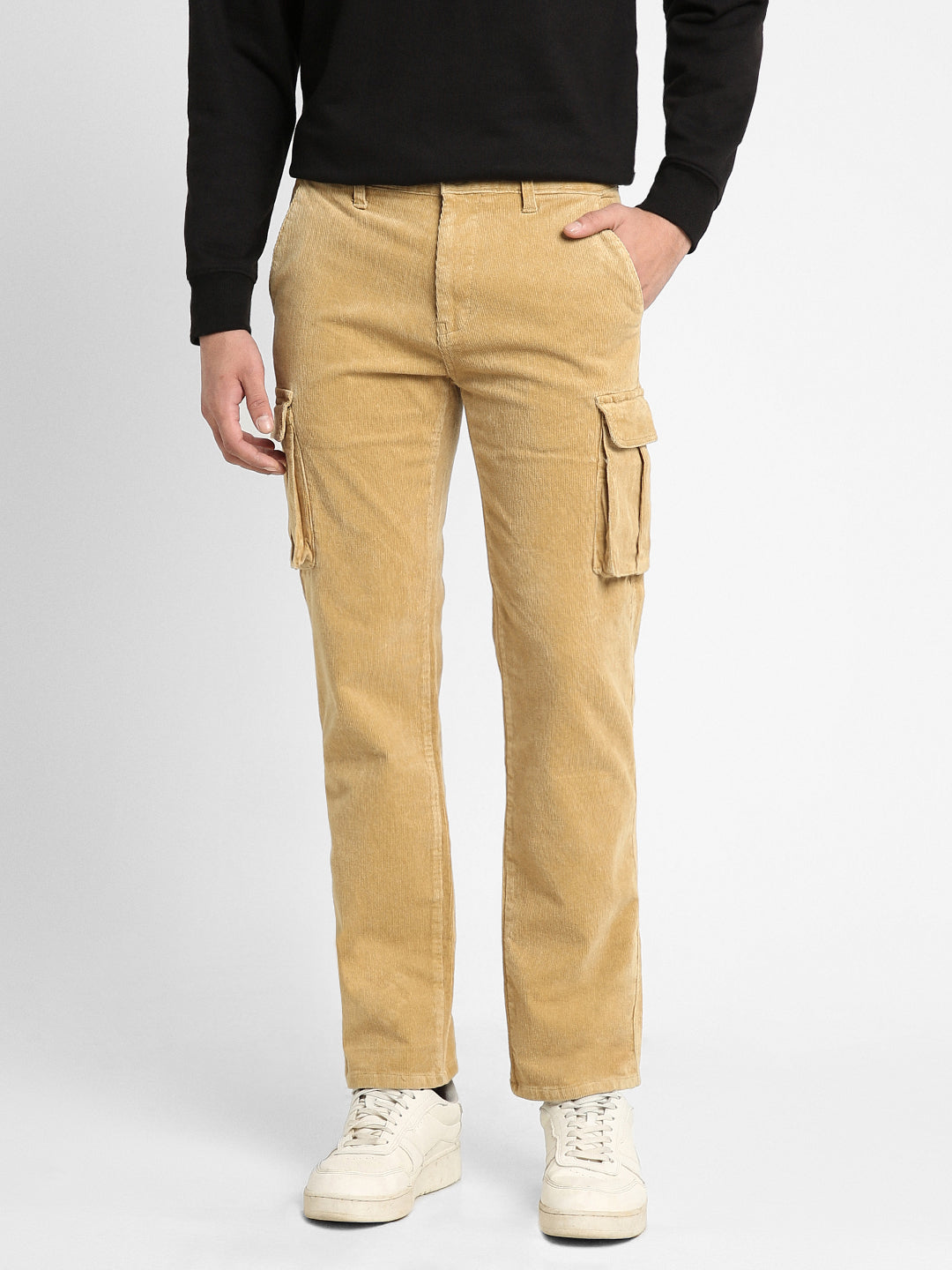 Men's Khaki Solid Casual Trouser
