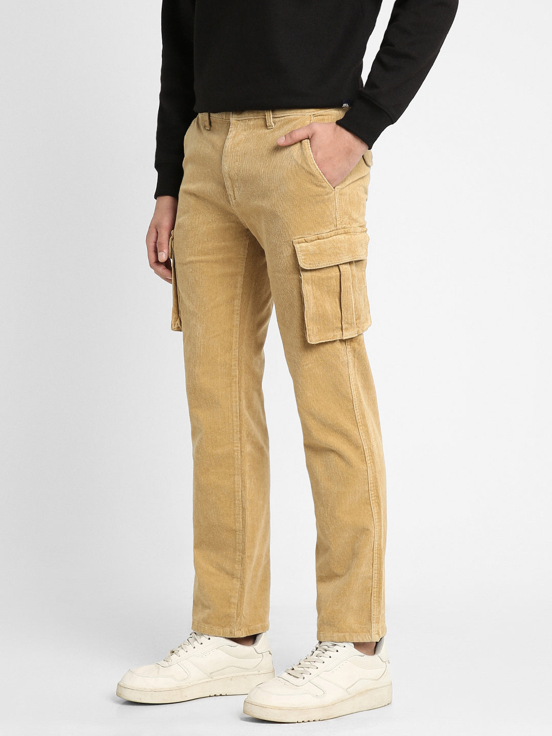 Men's Khaki Solid Casual Trouser