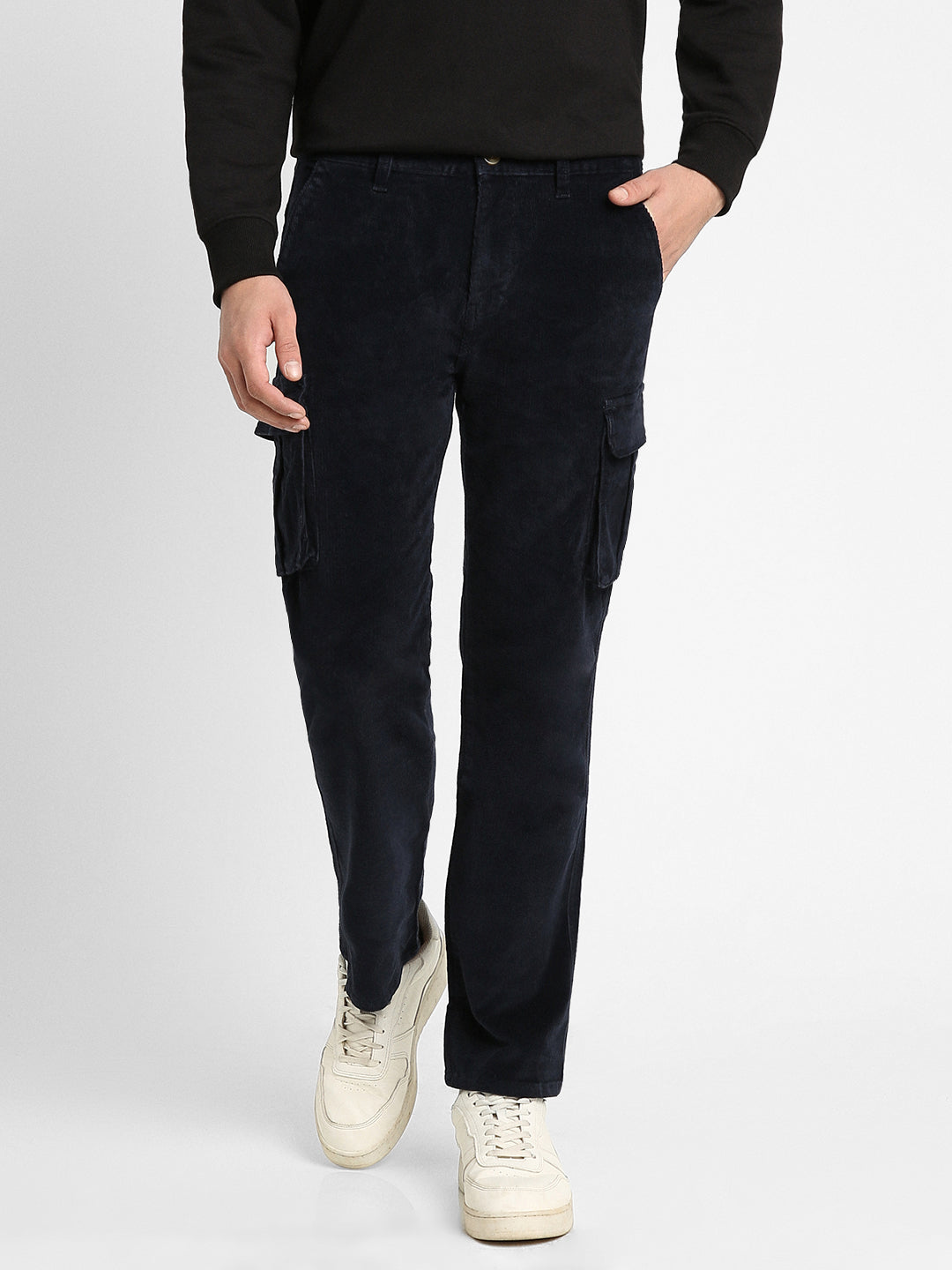 Men's Navy Solid Casual Trouser