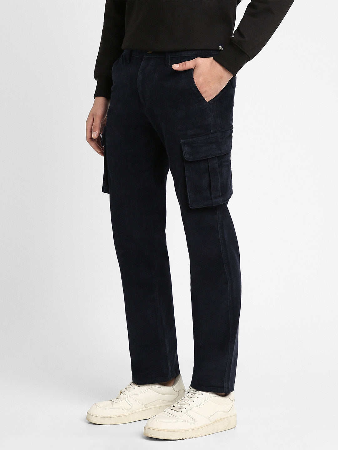 Men's Navy Solid Casual Trouser