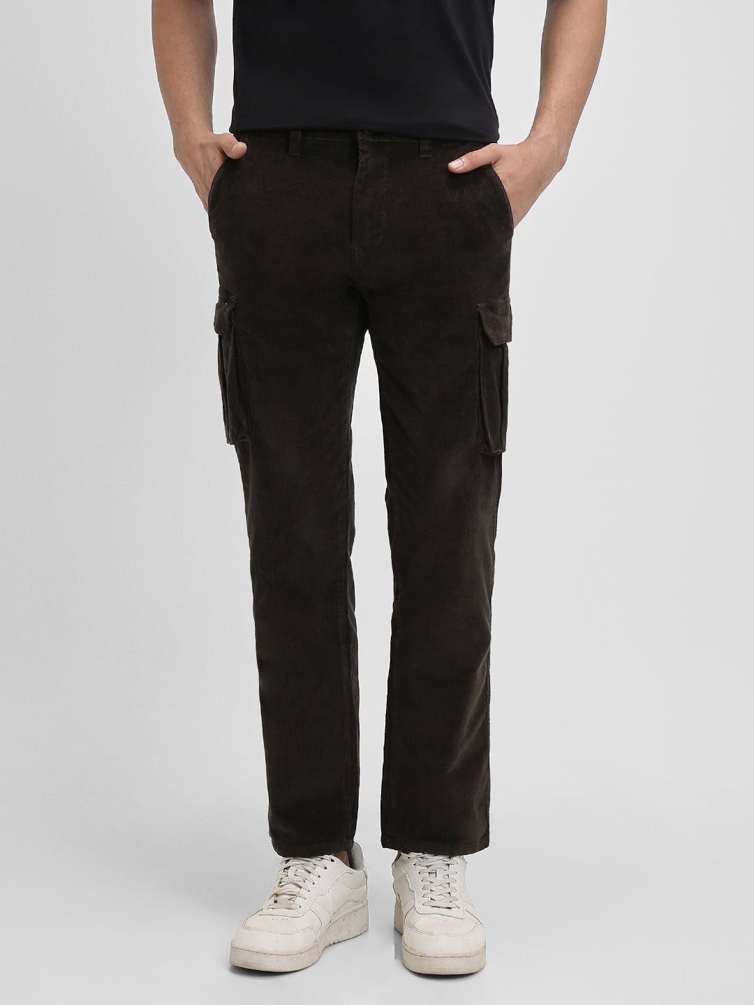 Men's Olive Solid Casual Trouser