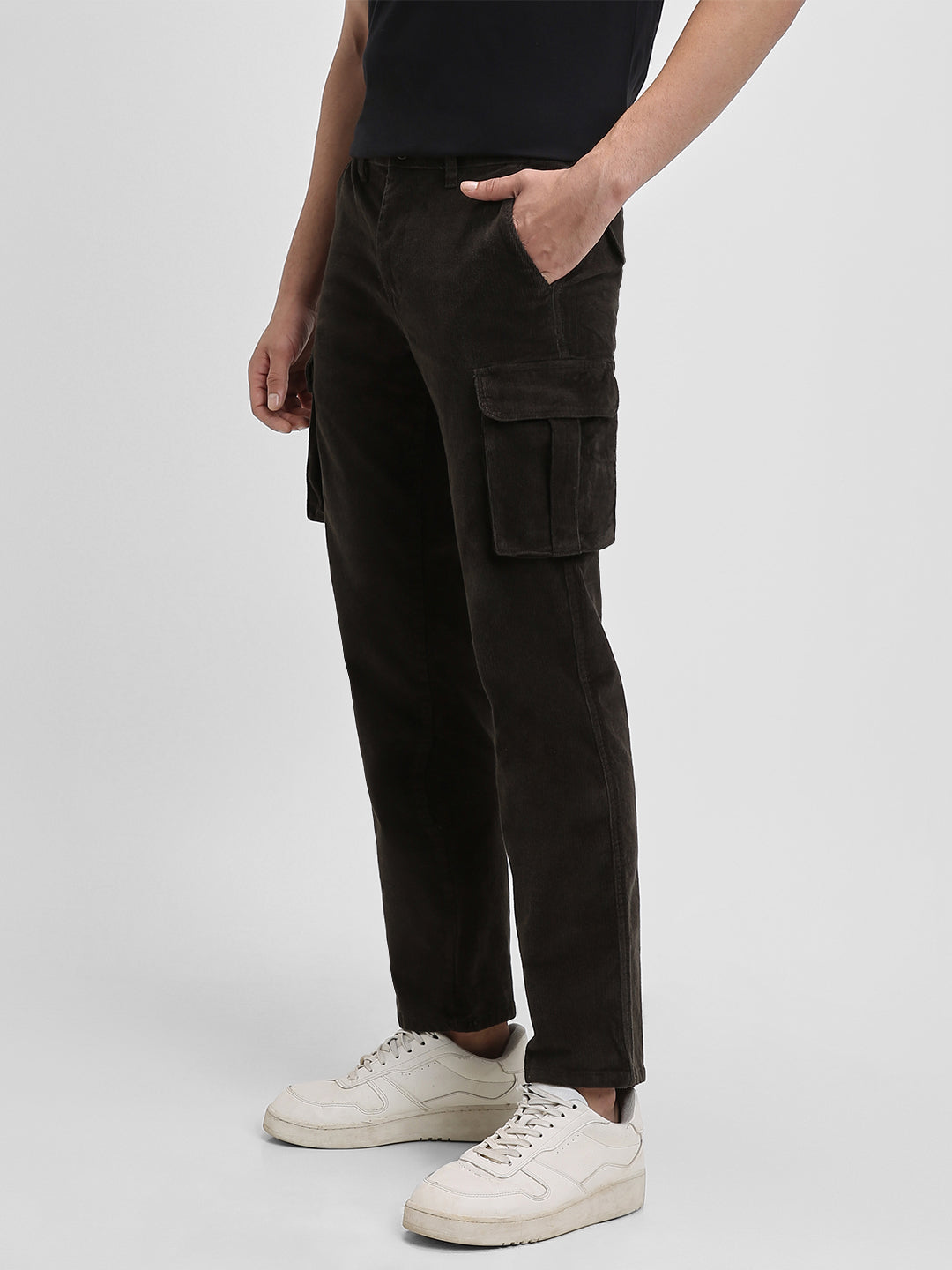 Men's Olive Solid Casual Trouser