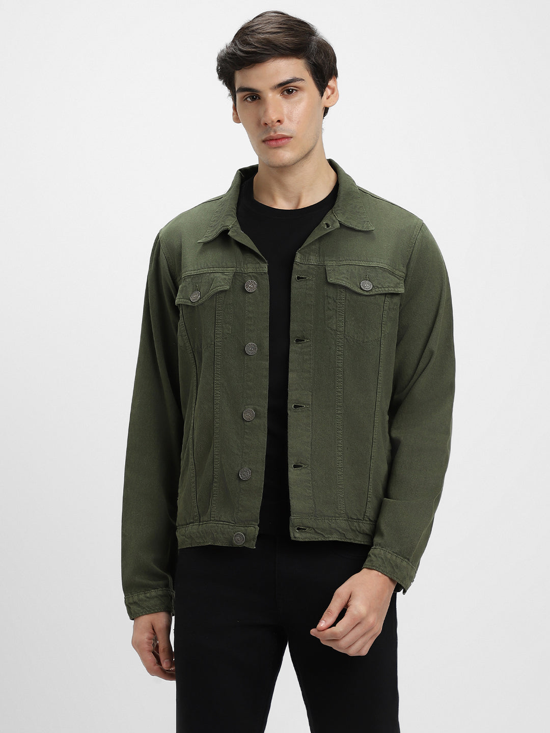 Men's Olive Washed Regular Fit Fit Collar Full Sleeves Denim Jacket Denim Jacket