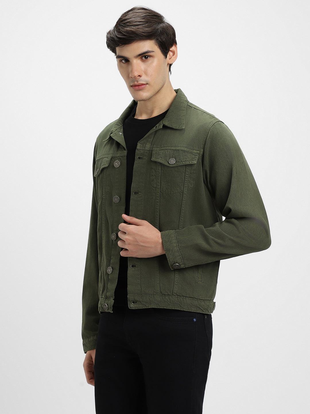 Men's Olive Washed Regular Fit Fit Collar Full Sleeves Denim Jacket Denim Jacket