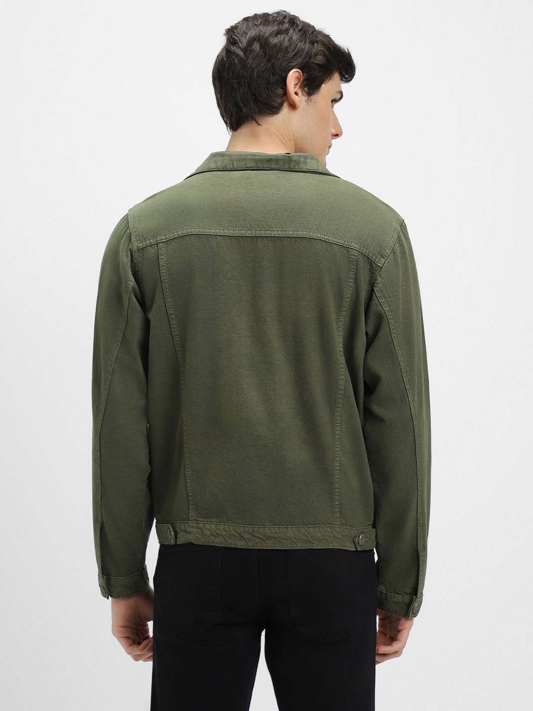 Men's Olive Washed Regular Fit Fit Collar Full Sleeves Denim Jacket Denim Jacket