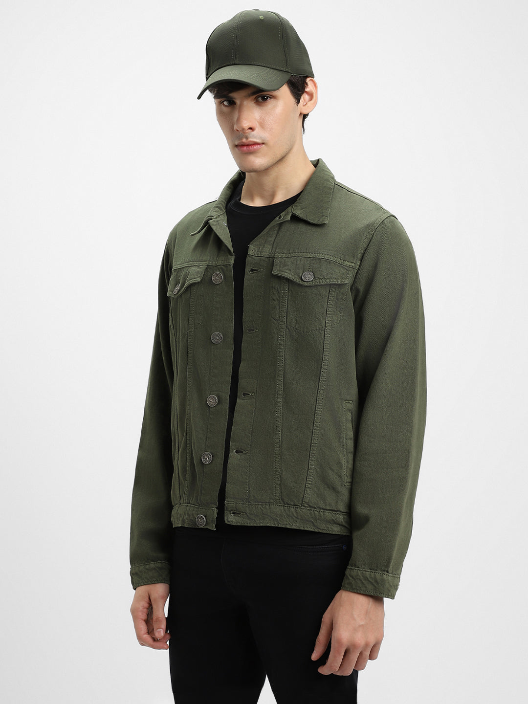 Men's Olive Washed Regular Fit Fit Collar Full Sleeves Denim Jacket Denim Jacket
