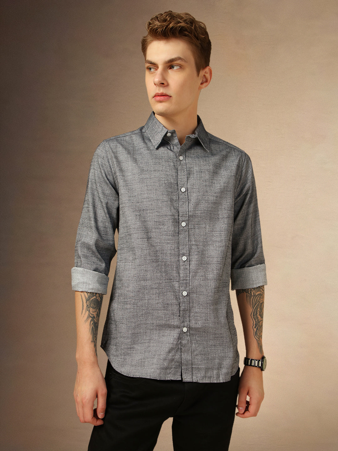 Men's Grey Solid Spread Collar Full Sleeves Shirt