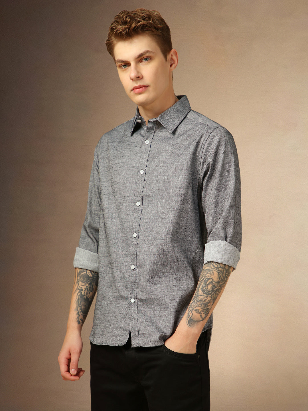 Men's Grey Solid Spread Collar Full Sleeves Shirt