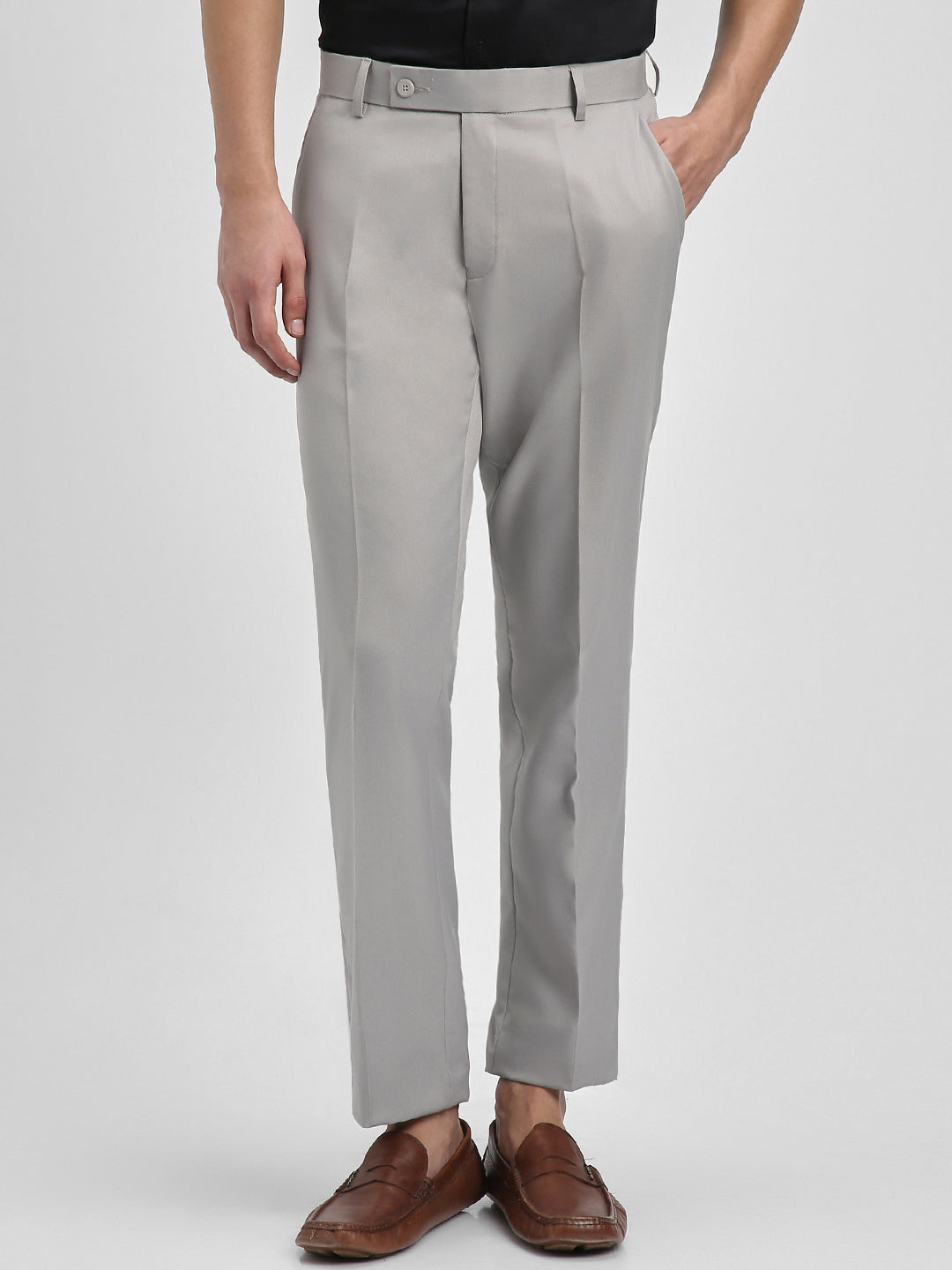 Men's Light Grey Solid Formal Trousers