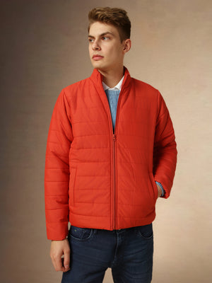 Men's Rust Mock Neck Full Sleeves Regular Fit Padded Jacket