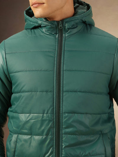 Men's Green Hooded Full Sleeves Puffer Jacket