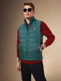Men's Green Solid Mock Collar Sleeveless Jacket