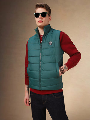 Men's Green Solid Mock Collar Sleeveless Jacket