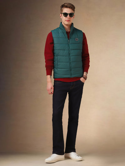 Men's Green Solid Mock Collar Sleeveless Jacket