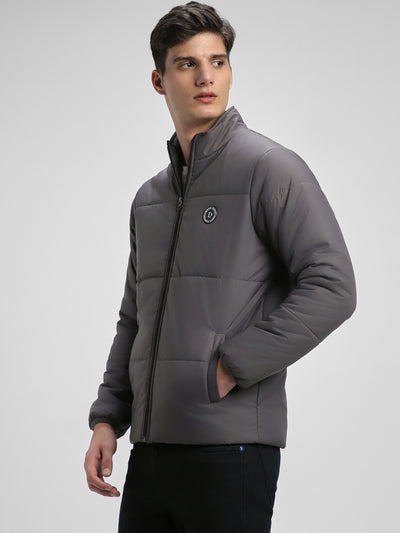 Dennis Lingo Men's Dark Grey Solid High Neck Full Sleeve Puffer W/O hood Jackets