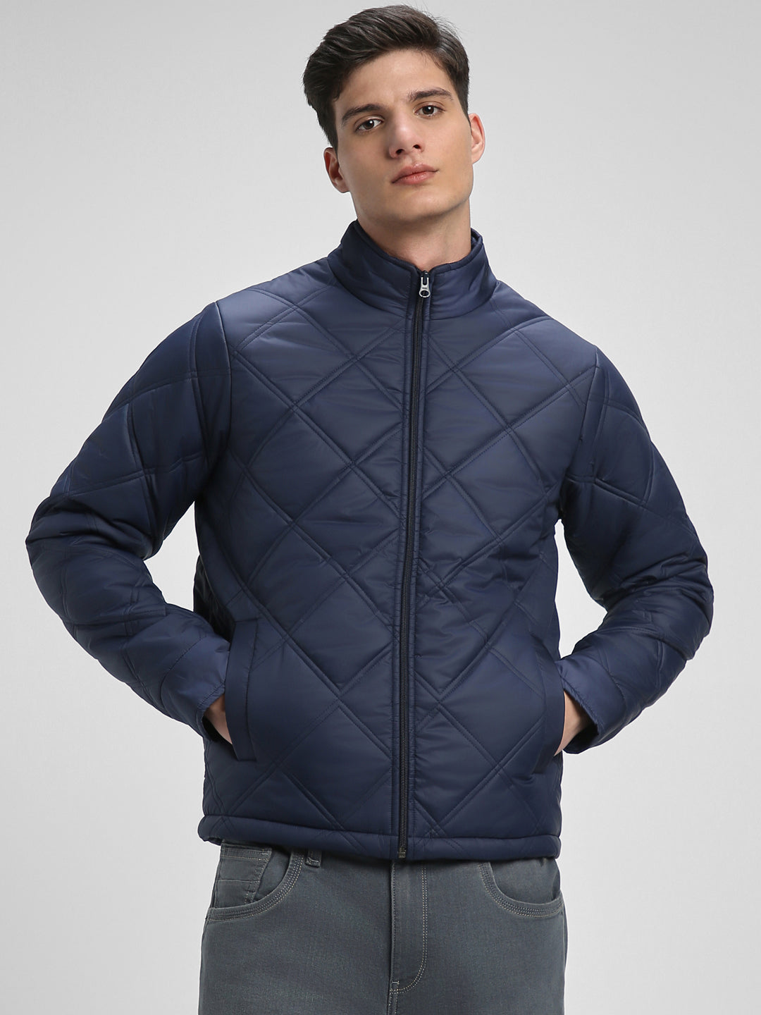 Dennis Lingo Men's High Neck Regular Fit Solid Quilted Navy Jackets