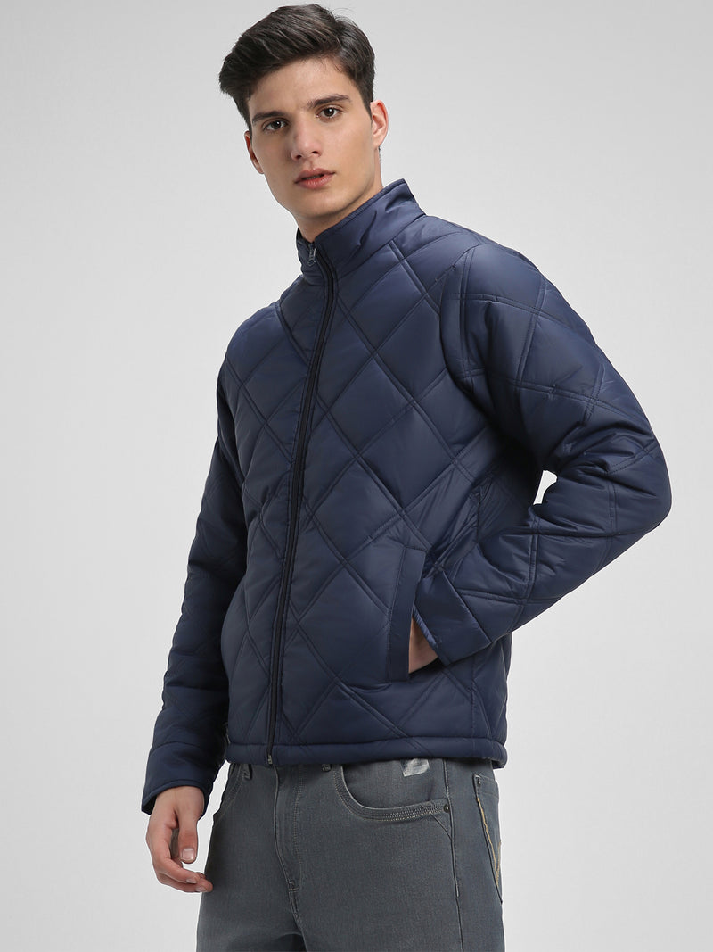 Dennis Lingo Men's High Neck Regular Fit Solid Quilted Navy Jackets