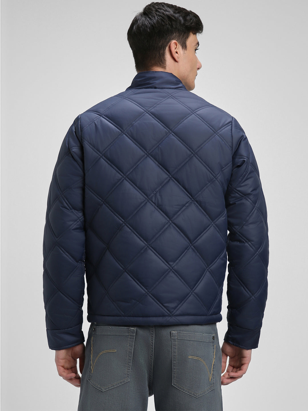 Dennis Lingo Men's Navy Solid Quilted High Neck Full Sleeve Puffer W/O hood Jackets