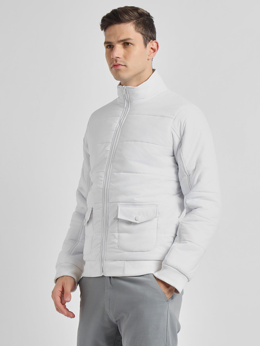 Men's High Neck Regular Fit Solid Quilted White Jackets