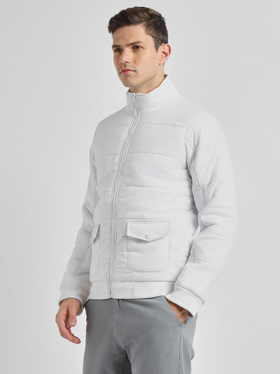 Dennis Lingo Men's High Neck Regular Fit Solid Quilted White Jackets