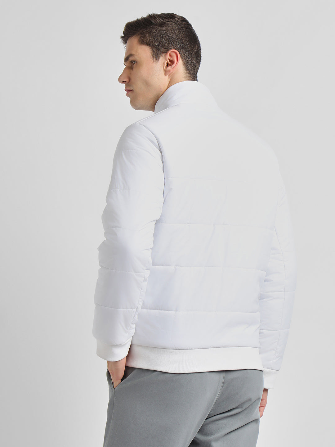 Men's High Neck Regular Fit Solid Quilted White Jackets