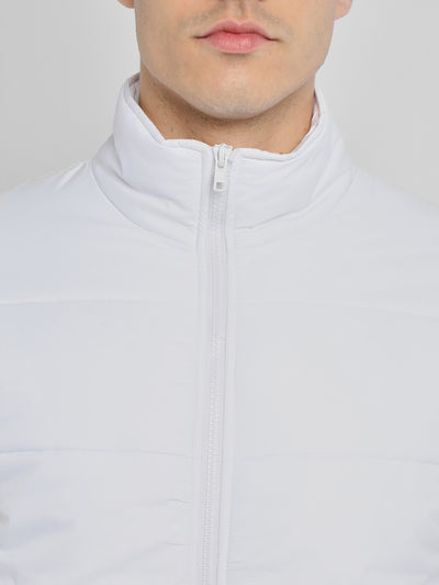 Men's High Neck Regular Fit Solid Quilted White Jackets