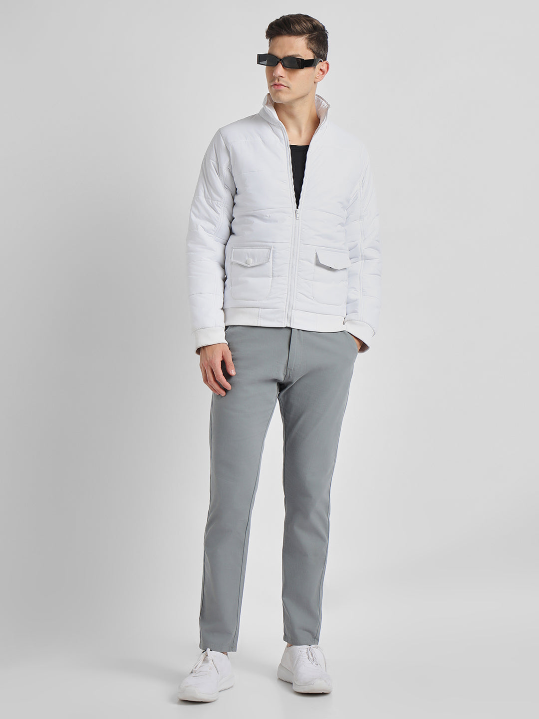Men's High Neck Regular Fit Solid Quilted White Jackets