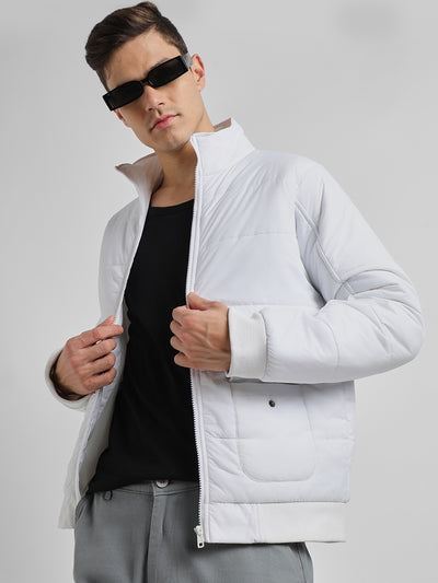 Dennis Lingo Men's High Neck Regular Fit Solid Quilted White Jackets