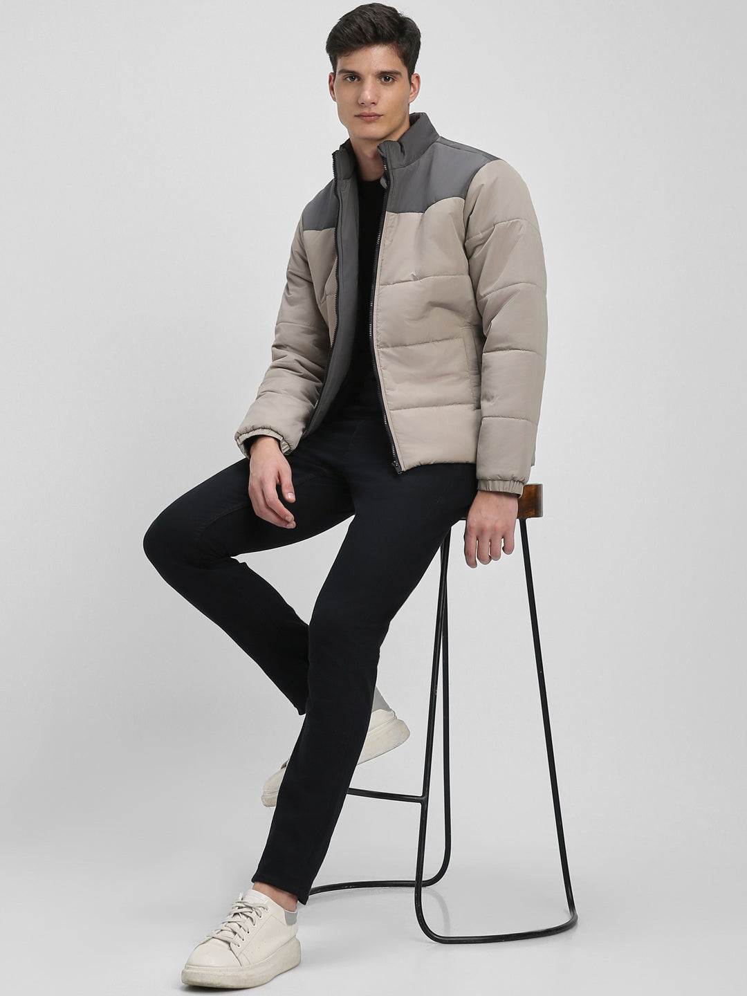 Dennis Lingo Men's Cement Colourblock Quilted High Neck Full Sleeve Puffer W/O hood Jackets