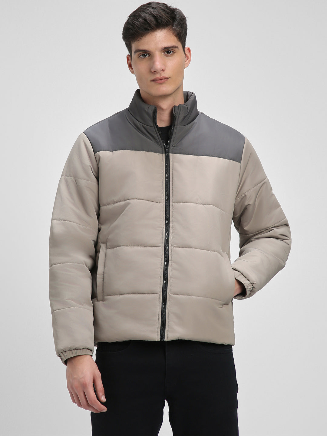 Dennis Lingo Men's Cement Colourblock Quilted High Neck Full Sleeve Puffer W/O hood Jackets