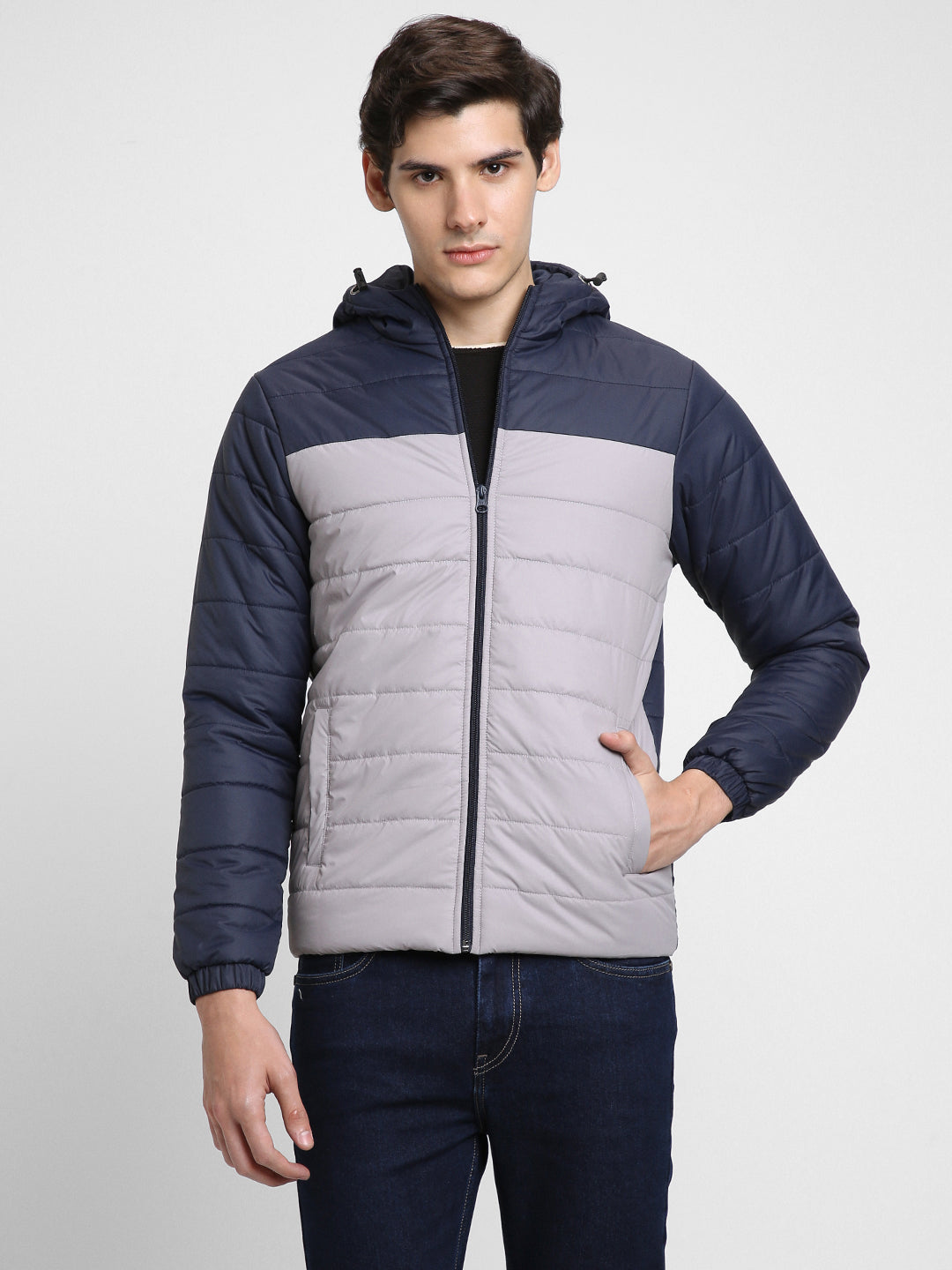 Dennis Lingo Men's Light Grey Colorblock Hood Full Sleeve Puffer W Hood Jackets