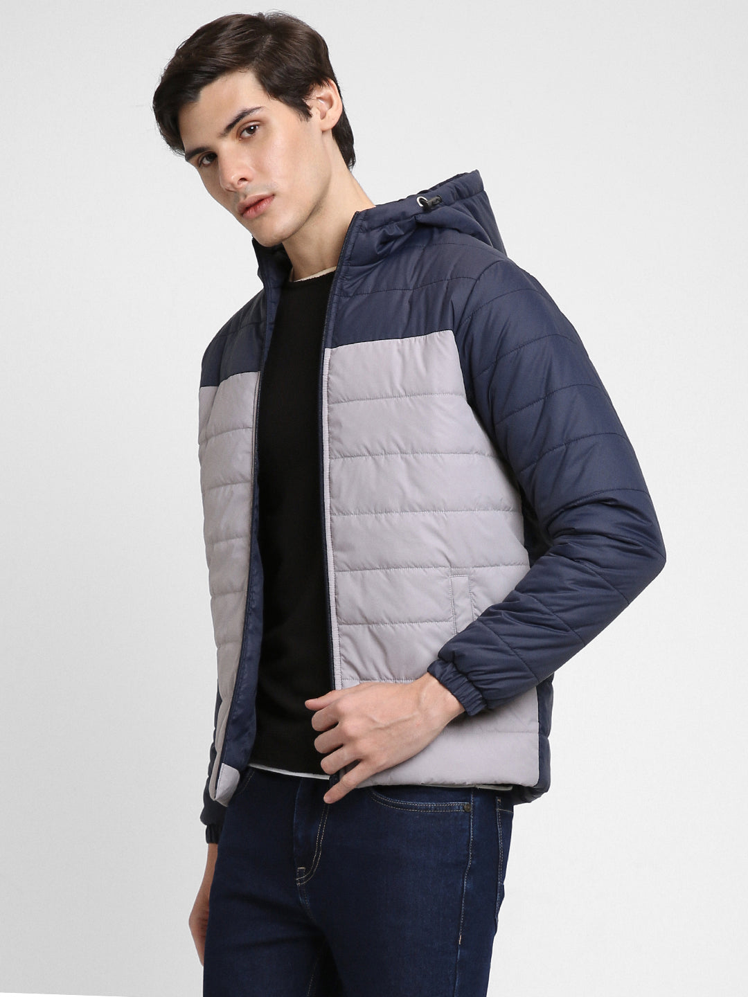 Dennis Lingo Men's Light Grey Colorblock Hood Full Sleeve Puffer W Hood Jackets