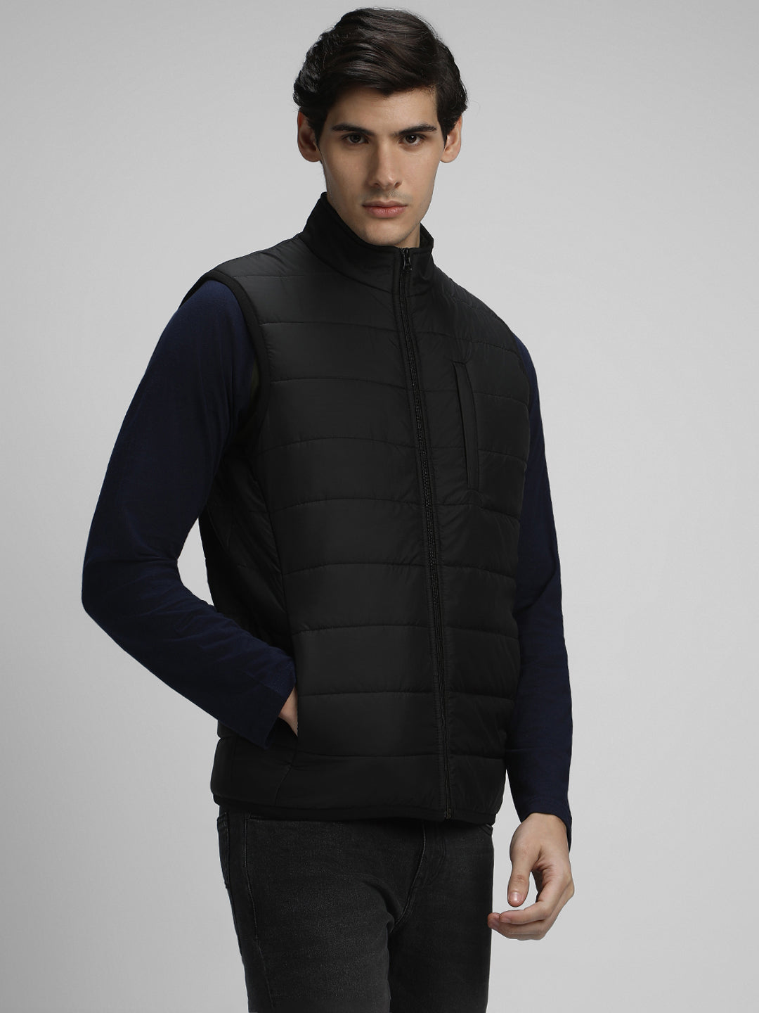 Dennis Lingo Men's Black Solid Quilted High Neck Full Sleeve Gillet Jackets