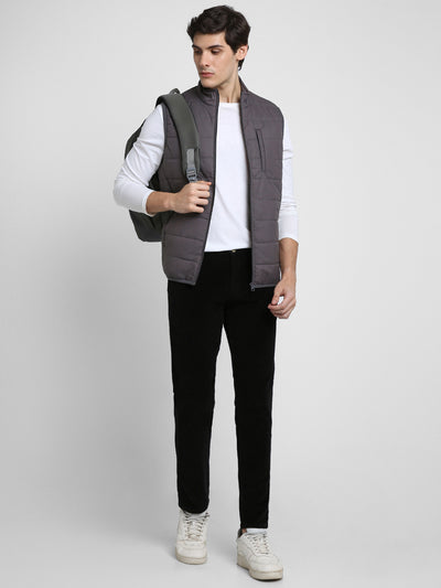 Men's Mock Collar Regular Fit Solid Quilted Dark Grey Jacket