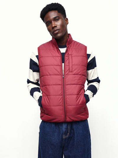 Men's Maroon Solid Mock Collar Sleeveless Gilet Jacket