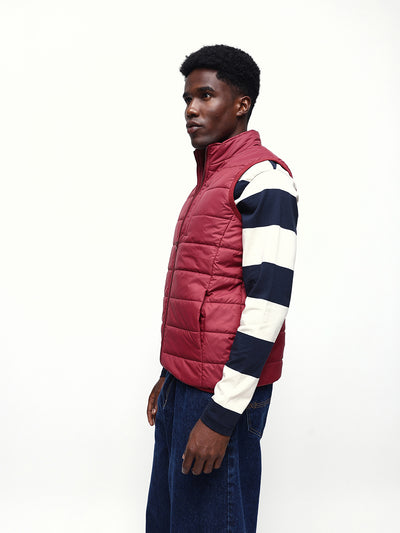 Men's Maroon Solid Mock Collar Sleeveless Gilet Jacket