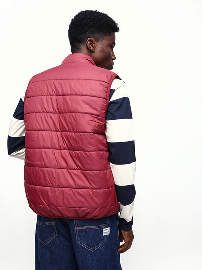 Men's Maroon Solid Mock Collar Sleeveless Gilet Jacket