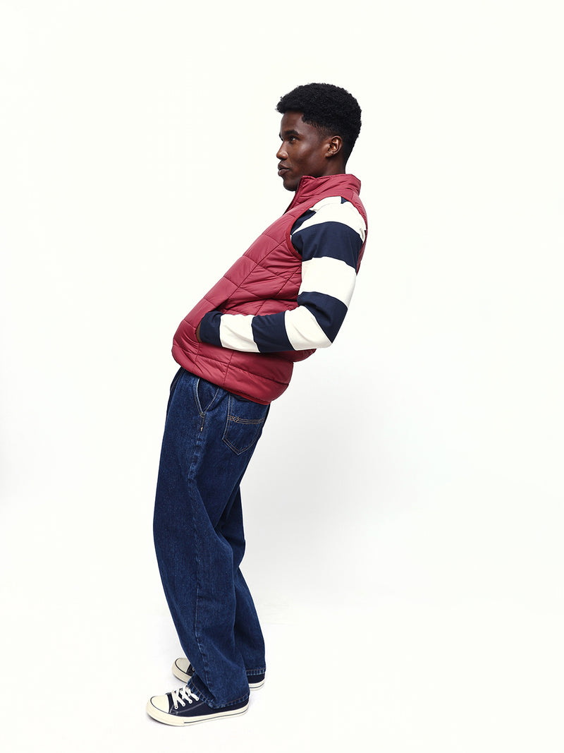 Men's Maroon Solid Mock Collar Sleeveless Gilet Jacket