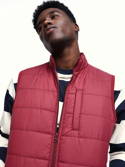 Men's Maroon Solid Mock Collar Sleeveless Gilet Jacket