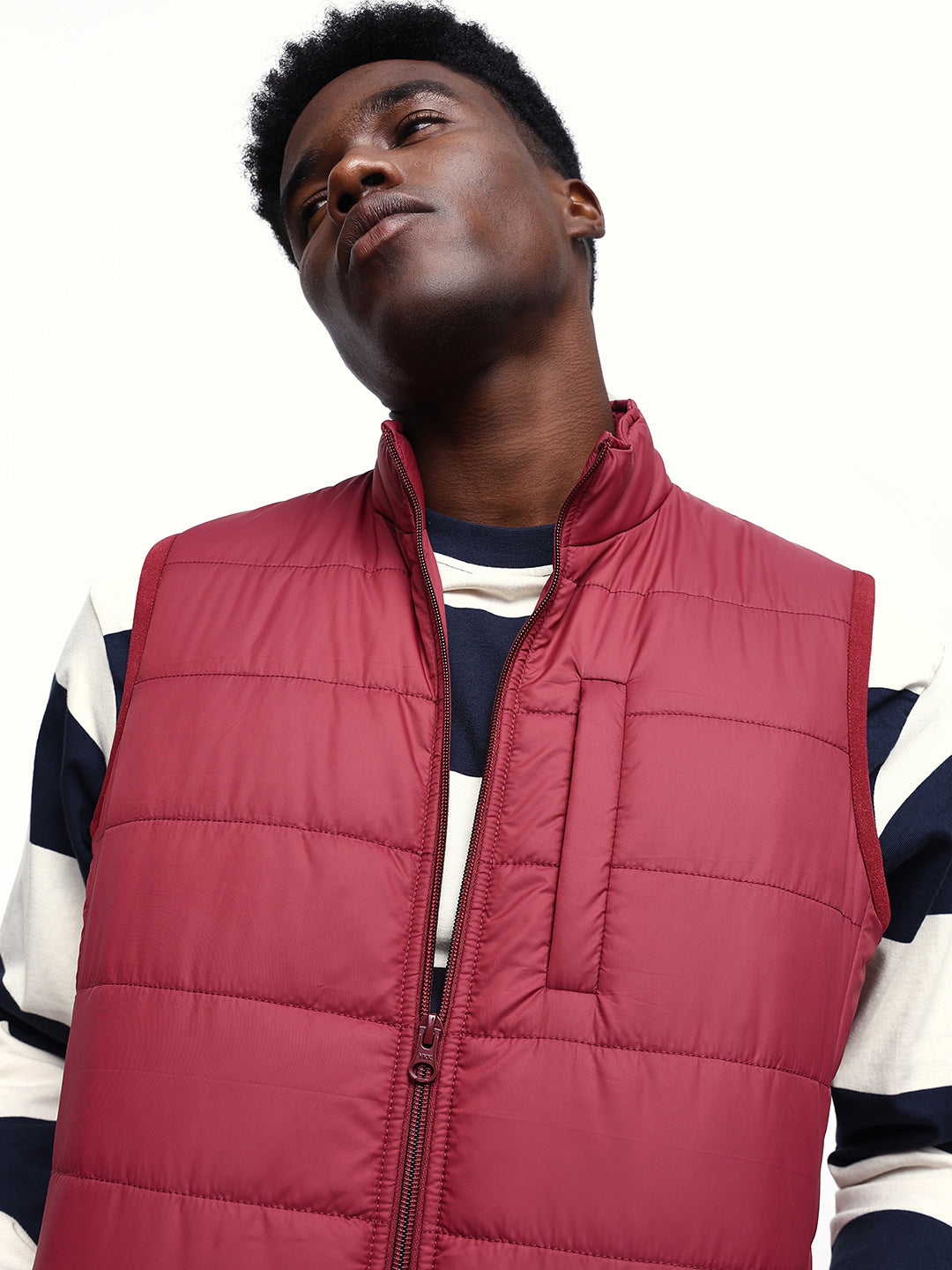 Men's Maroon Solid Mock Collar Sleeveless Gilet Jacket