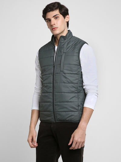 Men's Mock Collar Regular Fit Solid Quilted Military Jacket