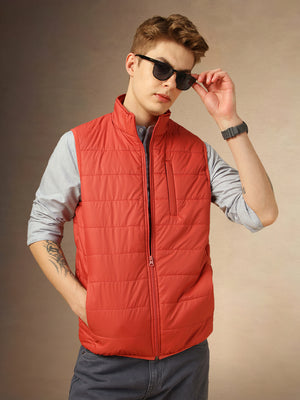 Men's Rust Solid Mock Collar Sleeveless Gilet Jacket
