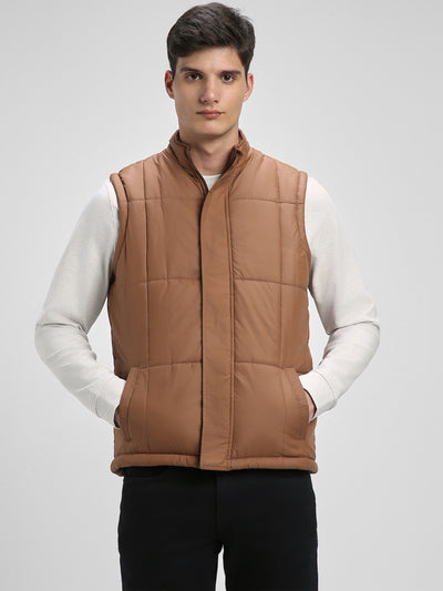 Dennis Lingo Men's Khaki Solid High Neck Sleeveless Gillet Jackets