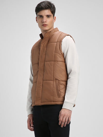 Dennis Lingo Men's Khaki Solid High Neck Sleeveless Gillet Jackets