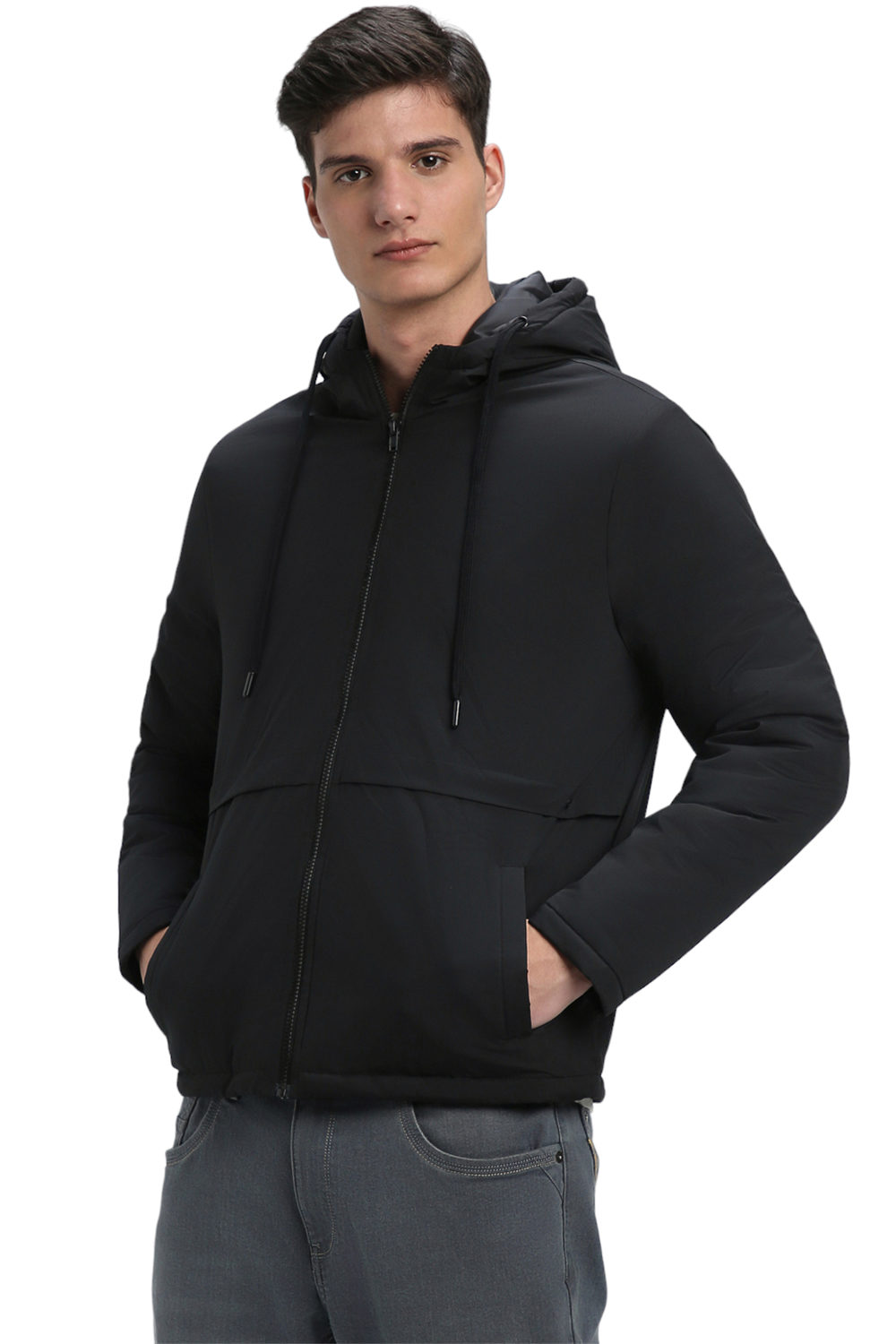 Men's Hooded Regular Fit Solid Panelled Black Jackets