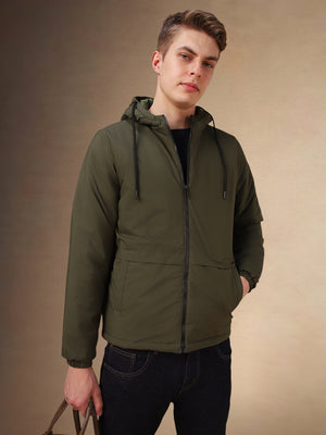 Men's Olive Solid Hooded Full Sleeves Jacket