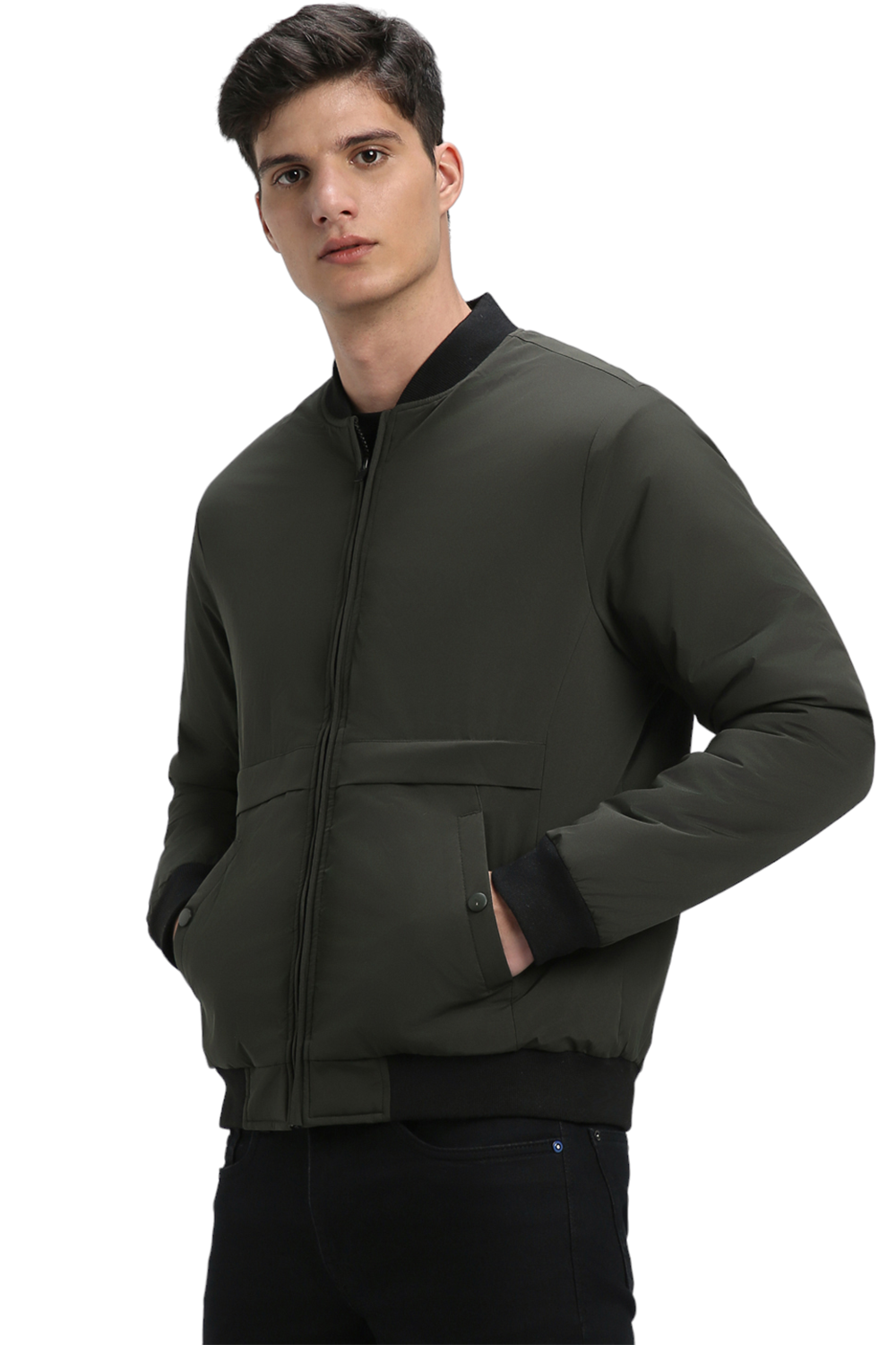 Dennis Lingo Men's Riffle Green Panelled Rib Neck Full Sleeve Quilted w/o hood Jackets