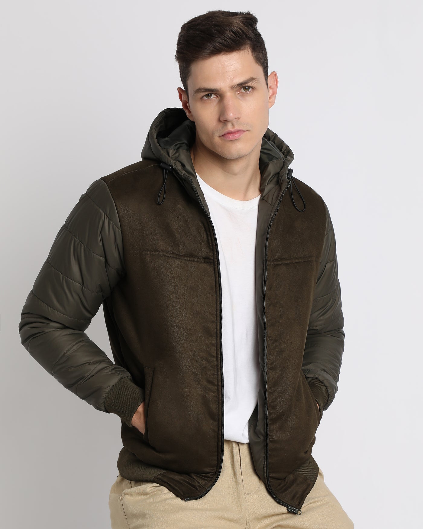 Dennis Lingo Men's Hooded Regular Fit Suede Solid Olive Jackets