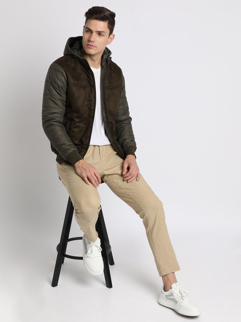 Dennis Lingo Men's Hooded Regular Fit Suede Solid Olive Jackets