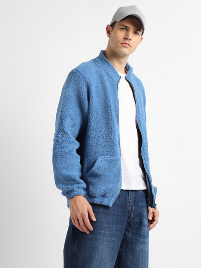 Dennis Lingo Men's Blue Solid Fleece High Neck Full Sleeve Light weight jacket Jackets